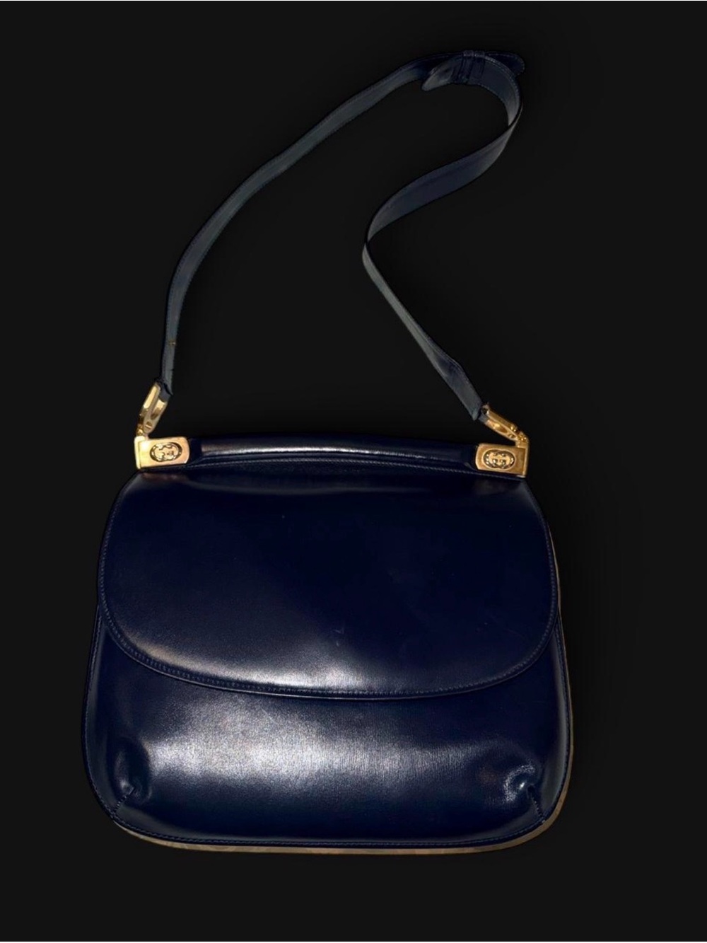 Vintage 1970s GUCCI Navy Blue Smooth Leather Flap Shoulder Bag Purse